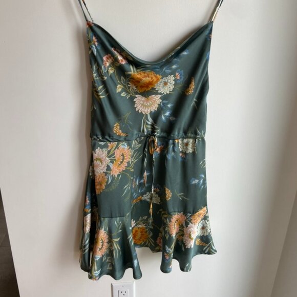 Floral Print Green Mini Dress with Drawstring - Picture 1 of 7